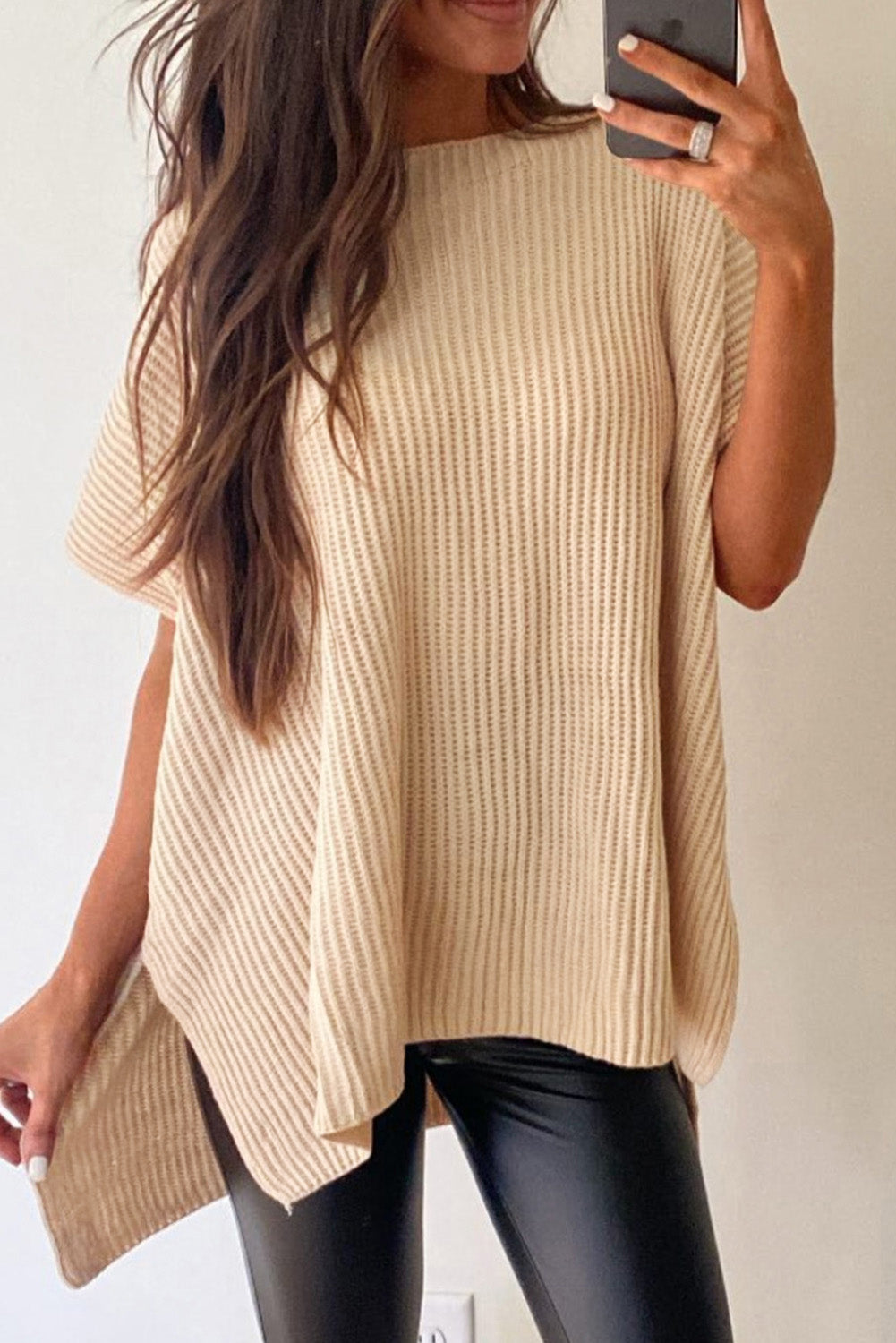 Side Slit Short Sleeve Knitted Oversized Top