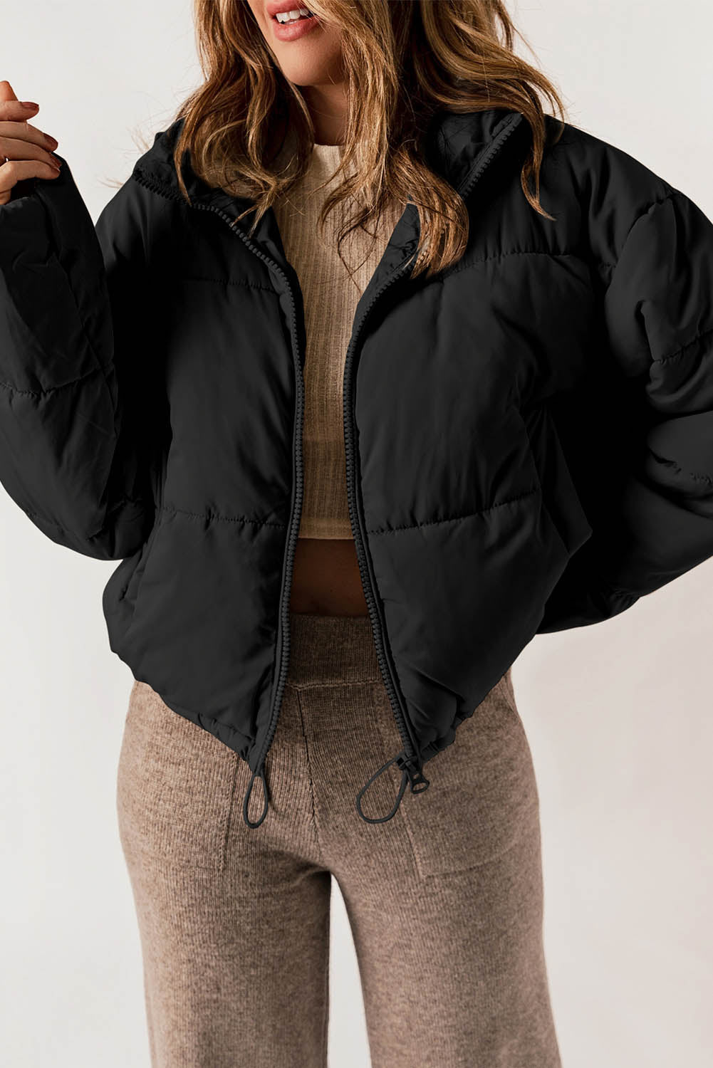 Apricot Zip Up Drawstring Hem Pocket Puffer Coat