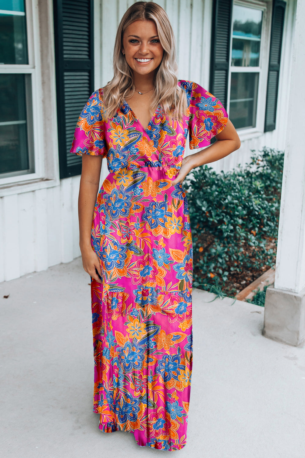 Wholesale Abstract Print Wrap V Neck Flutter Sleeve Mid Length Summer Dress