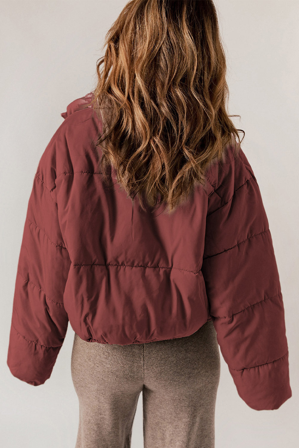 Apricot Zip Up Drawstring Hem Pocket Puffer Coat