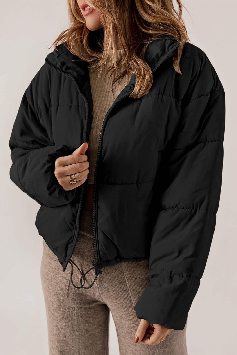 Apricot Zip Up Drawstring Hem Pocket Puffer Coat
