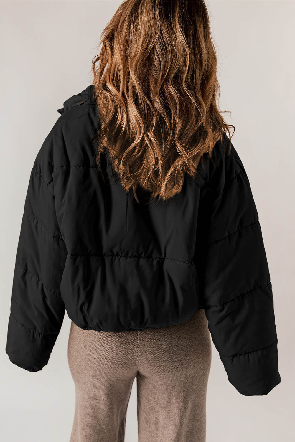 Apricot Zip Up Drawstring Hem Pocket Puffer Coat