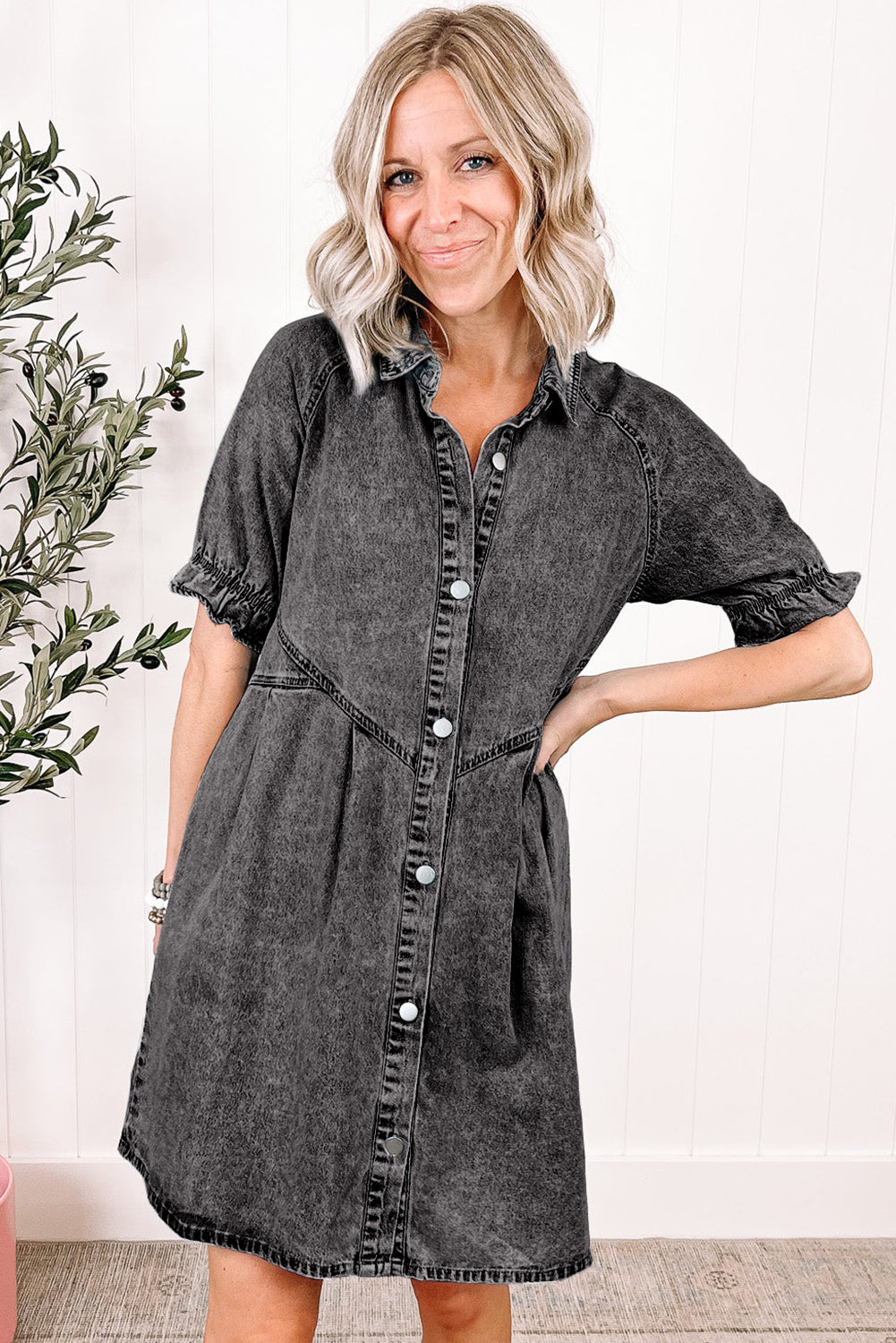 Ruffled Short Sleeve Buttoned Denim Dress