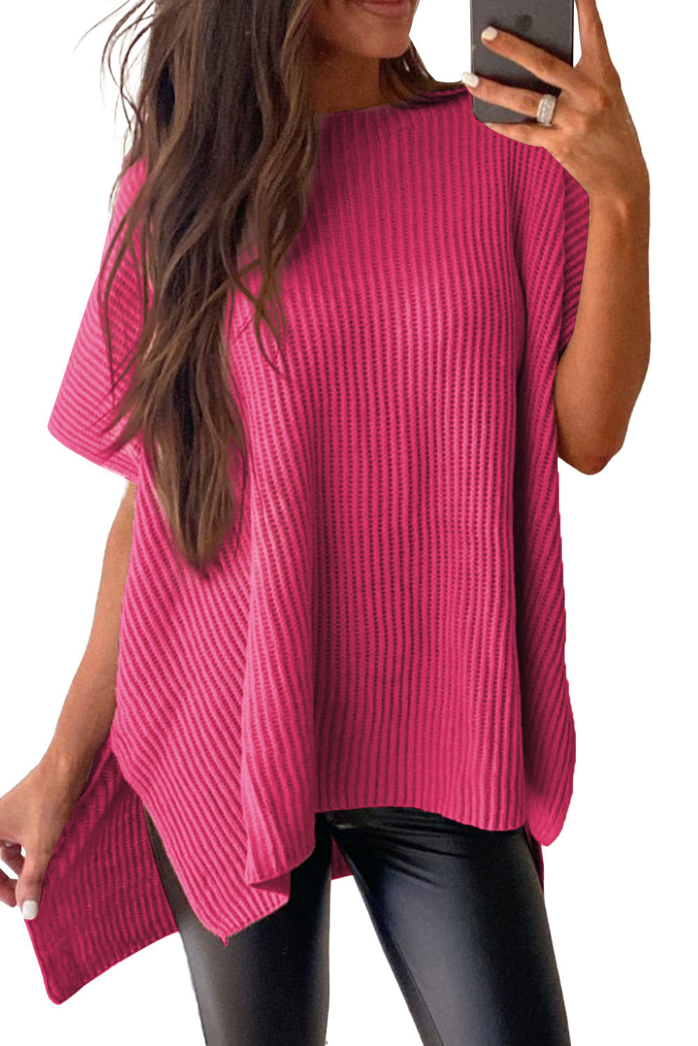 Side Slit Short Sleeve Knitted Oversized Top