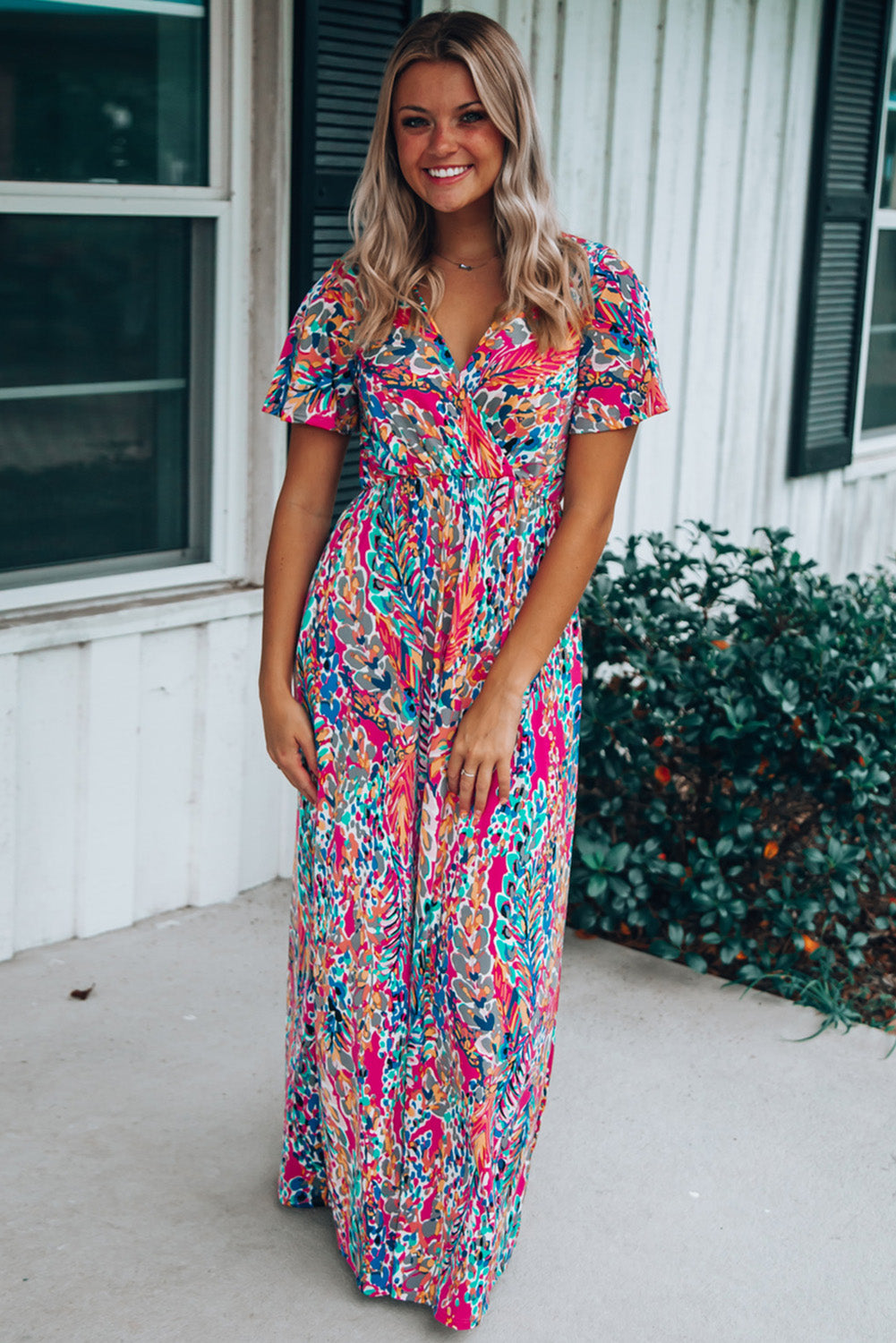 Wholesale Abstract Print Wrap V Neck Flutter Sleeve Mid Length Summer Dress