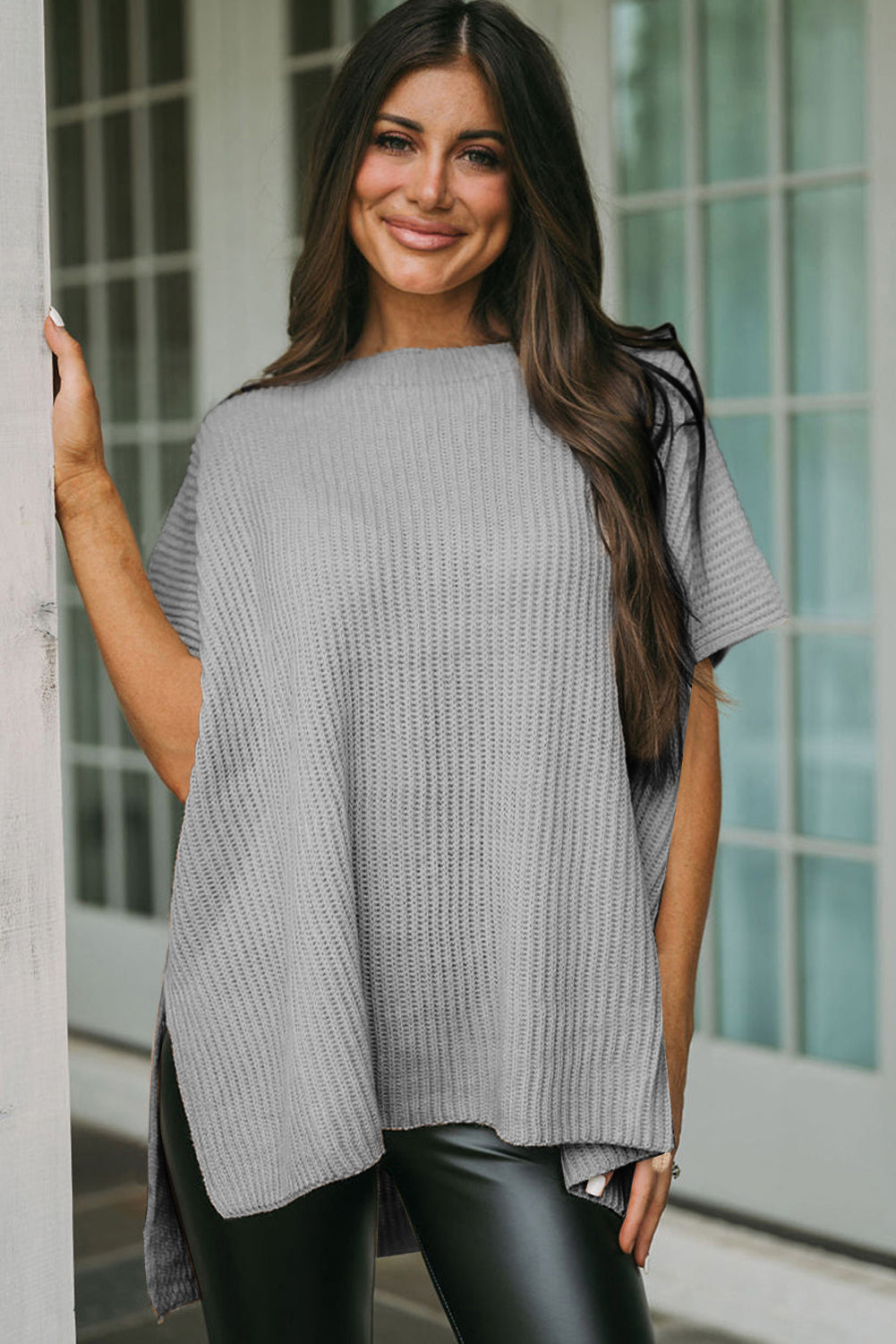 Side Slit Short Sleeve Knitted Oversized Top