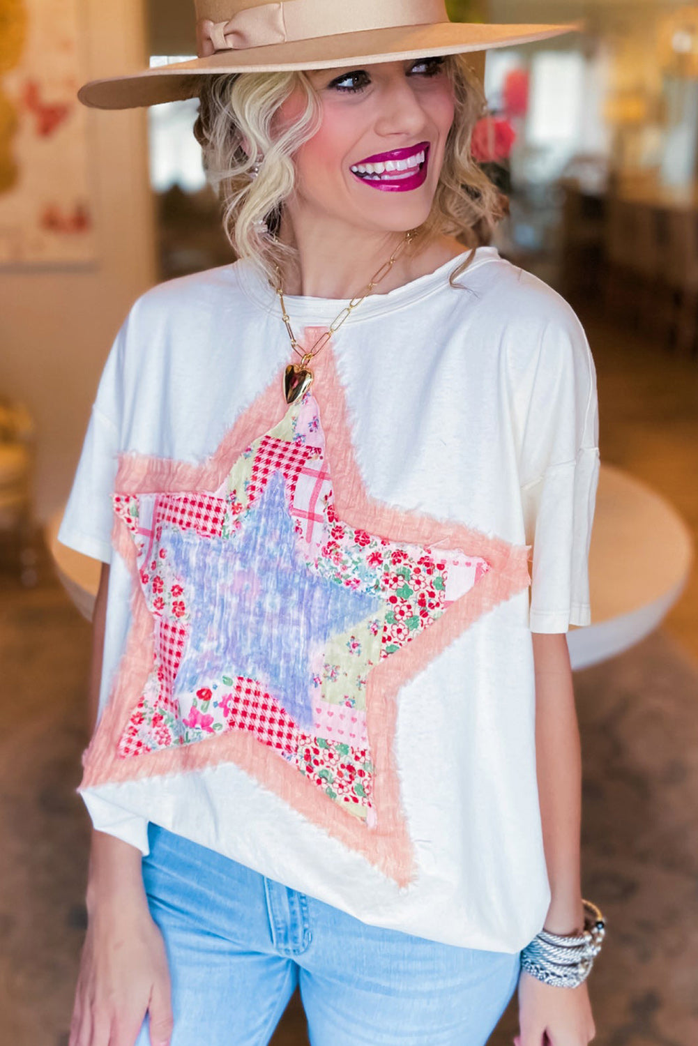 Pink Vibrant Star Patchwork Loose T-shirt