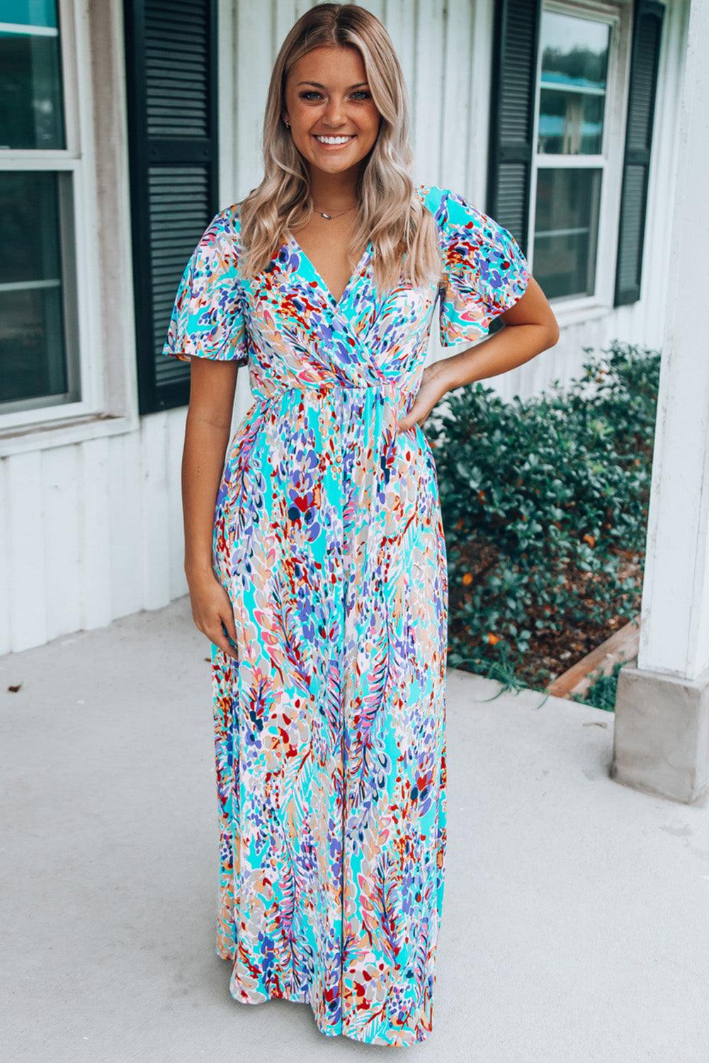 Wholesale Abstract Print Wrap V Neck Flutter Sleeve Mid Length Summer Dress