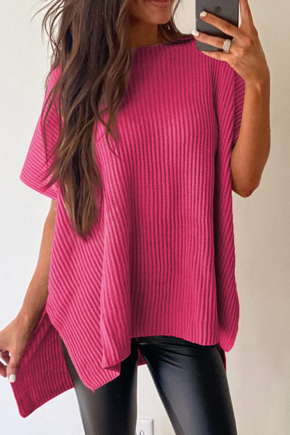 Side Slit Short Sleeve Knitted Oversized Top