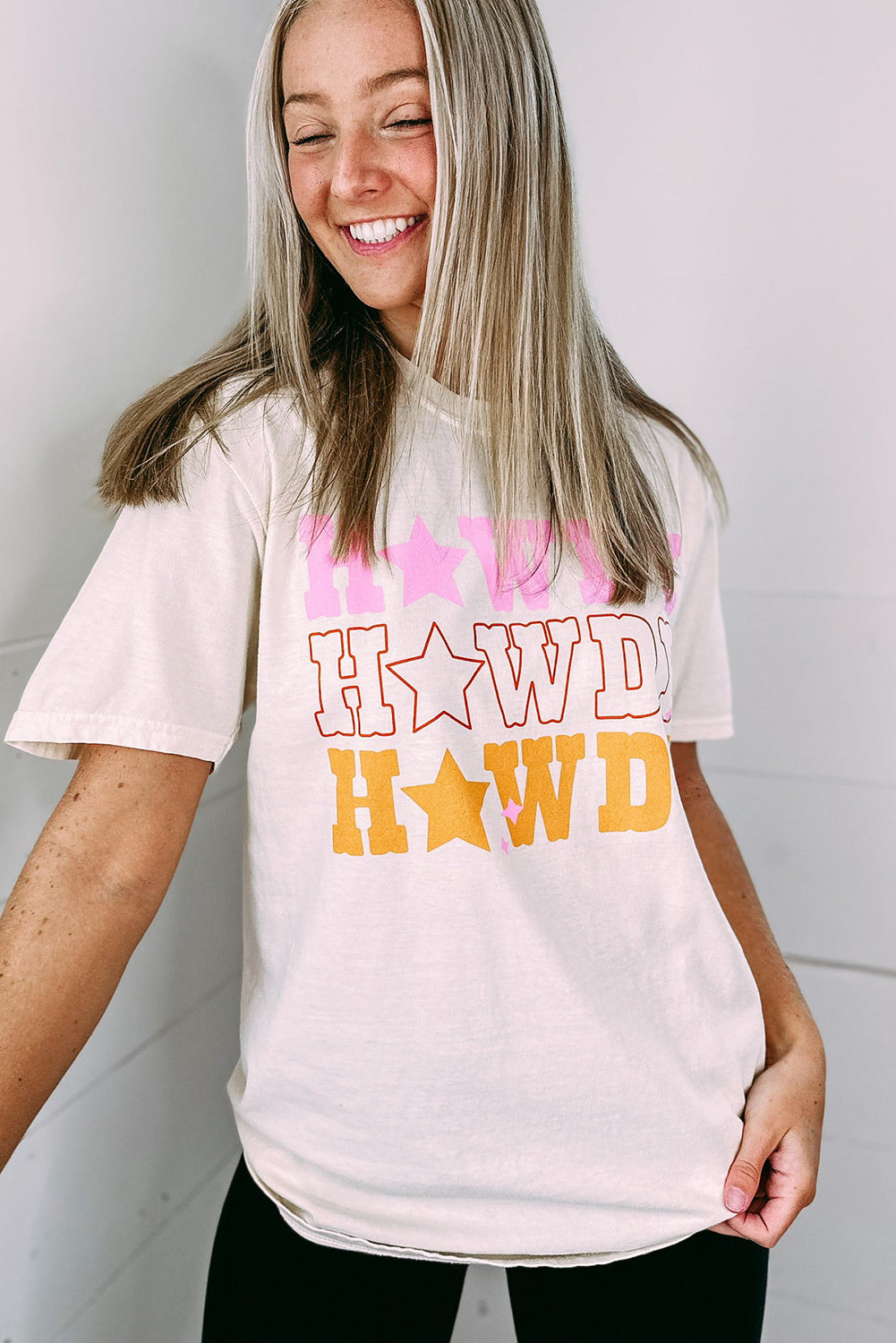 White Casual HOWDY Stars Graphic Crew Neck T Shirt