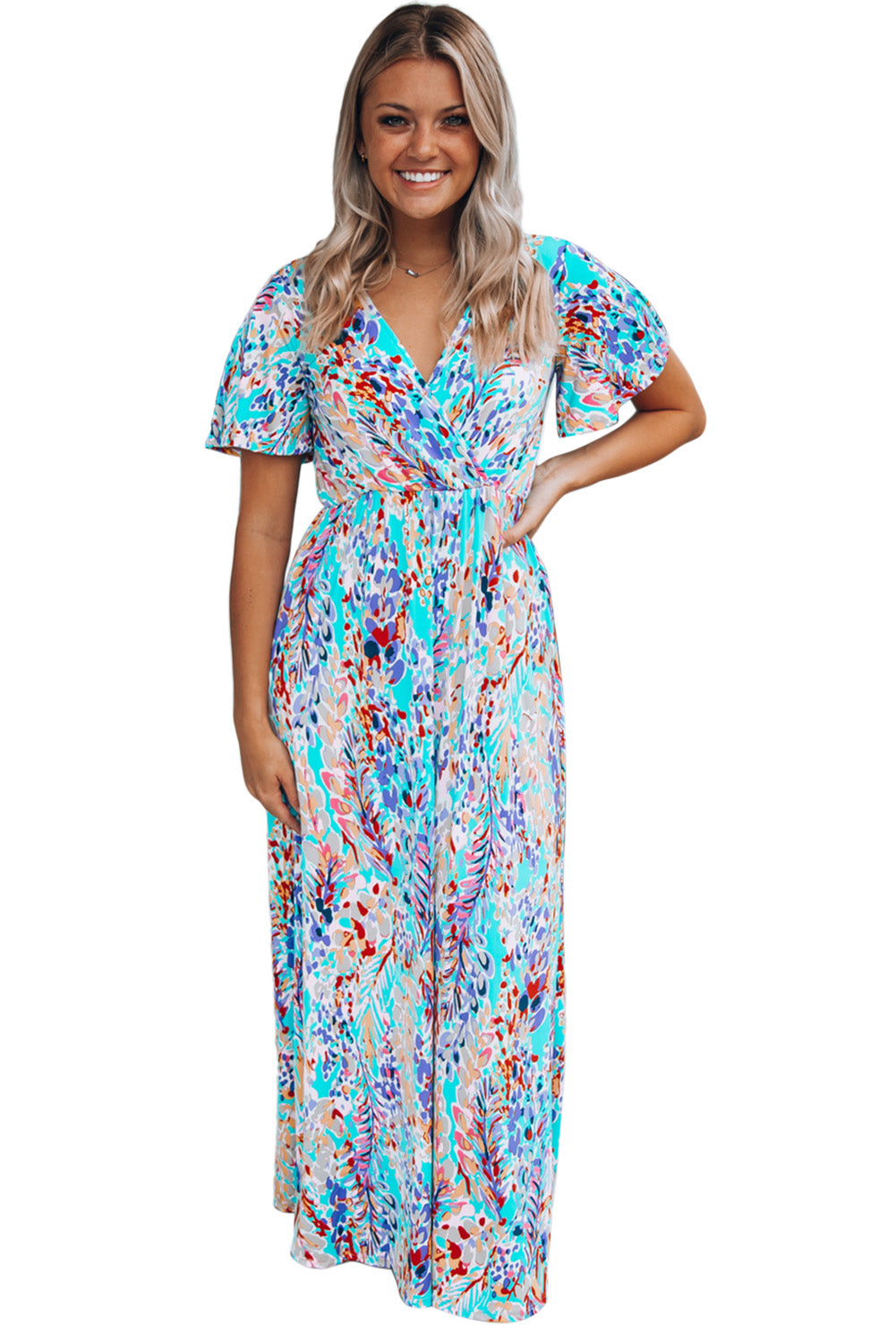 Wholesale Abstract Print Wrap V Neck Flutter Sleeve Mid Length Summer Dress