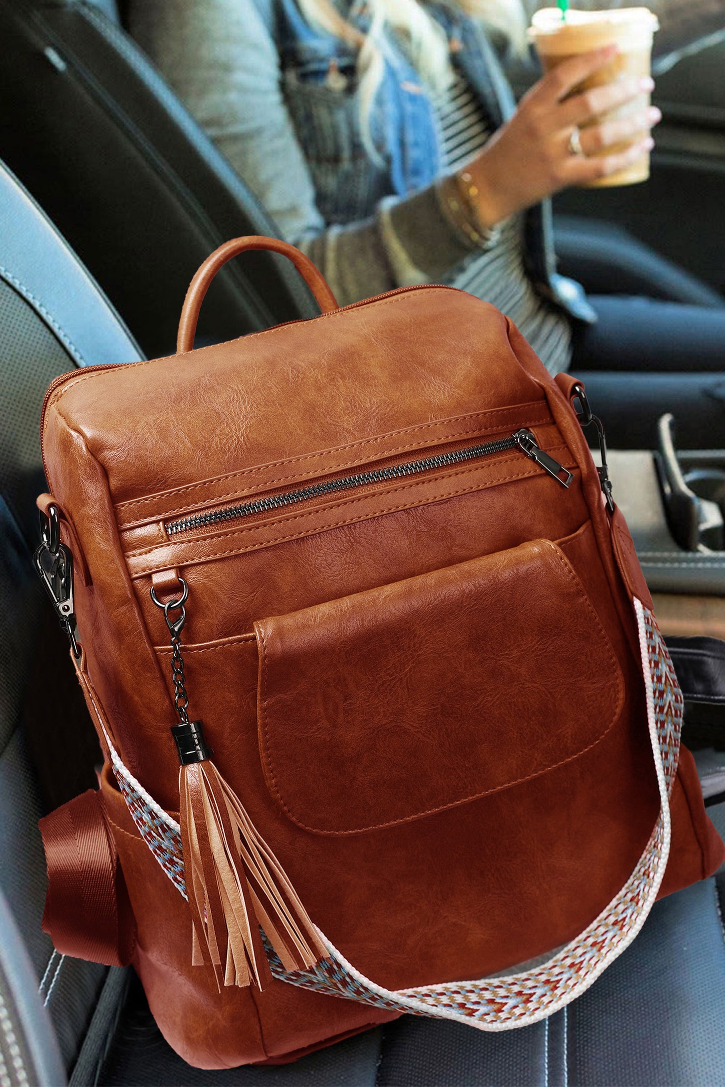 Dark Brown Tassel Decor Retro PU Large Capacity Backpack