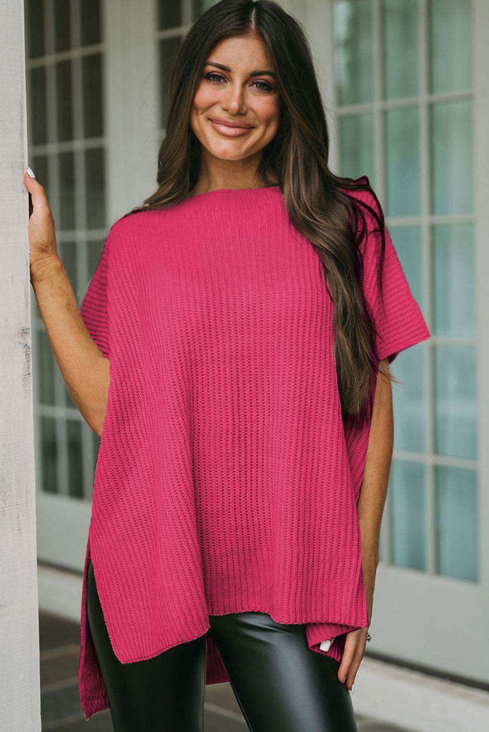 Side Slit Short Sleeve Knitted Oversized Top