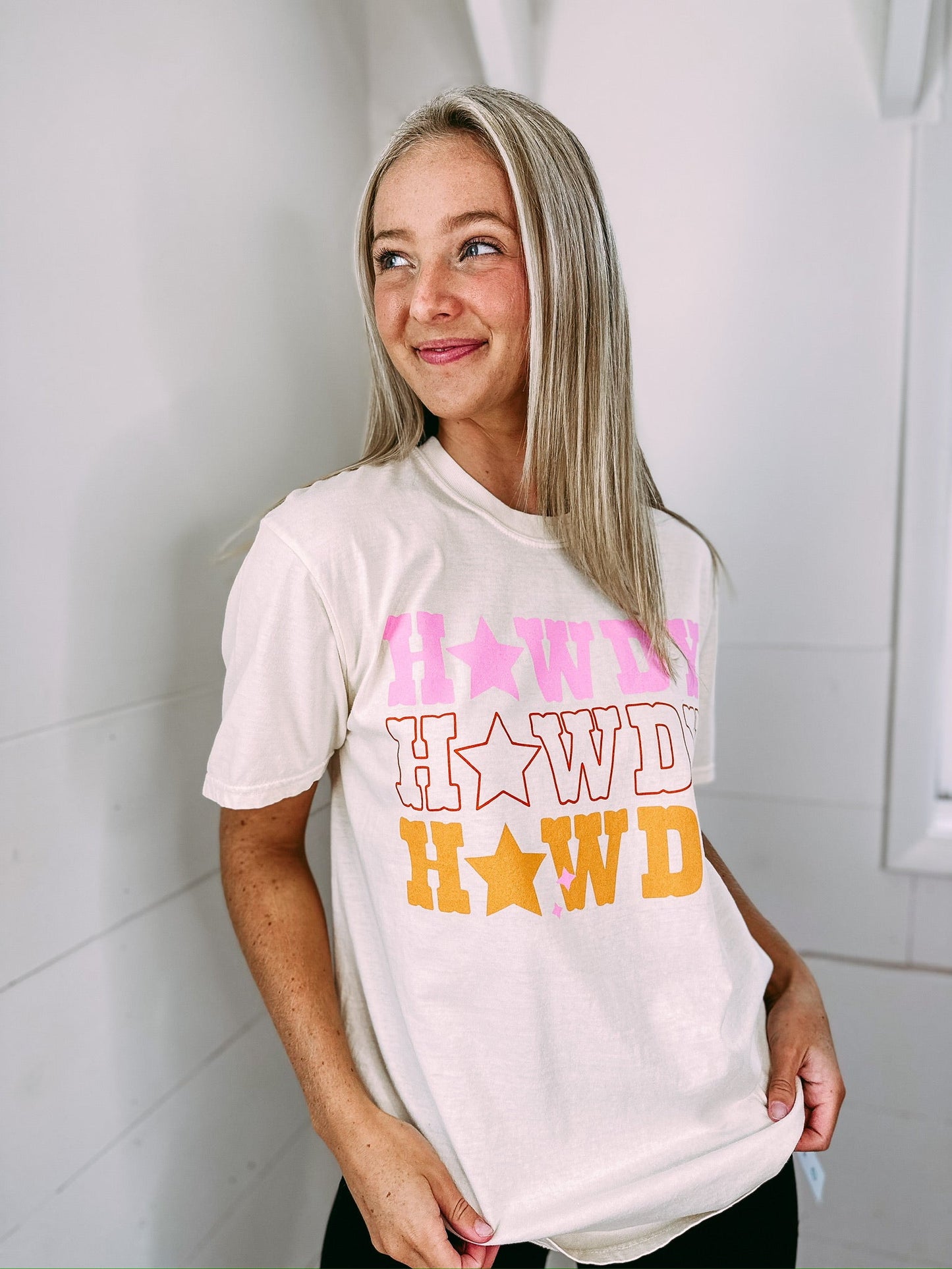 White Casual HOWDY Stars Graphic Crew Neck T Shirt