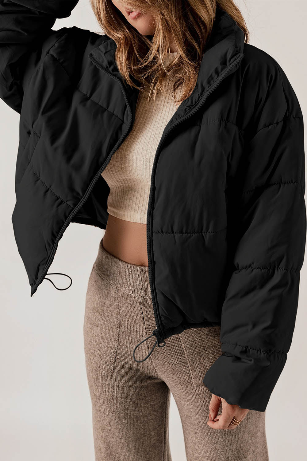 Apricot Zip Up Drawstring Hem Pocket Puffer Coat
