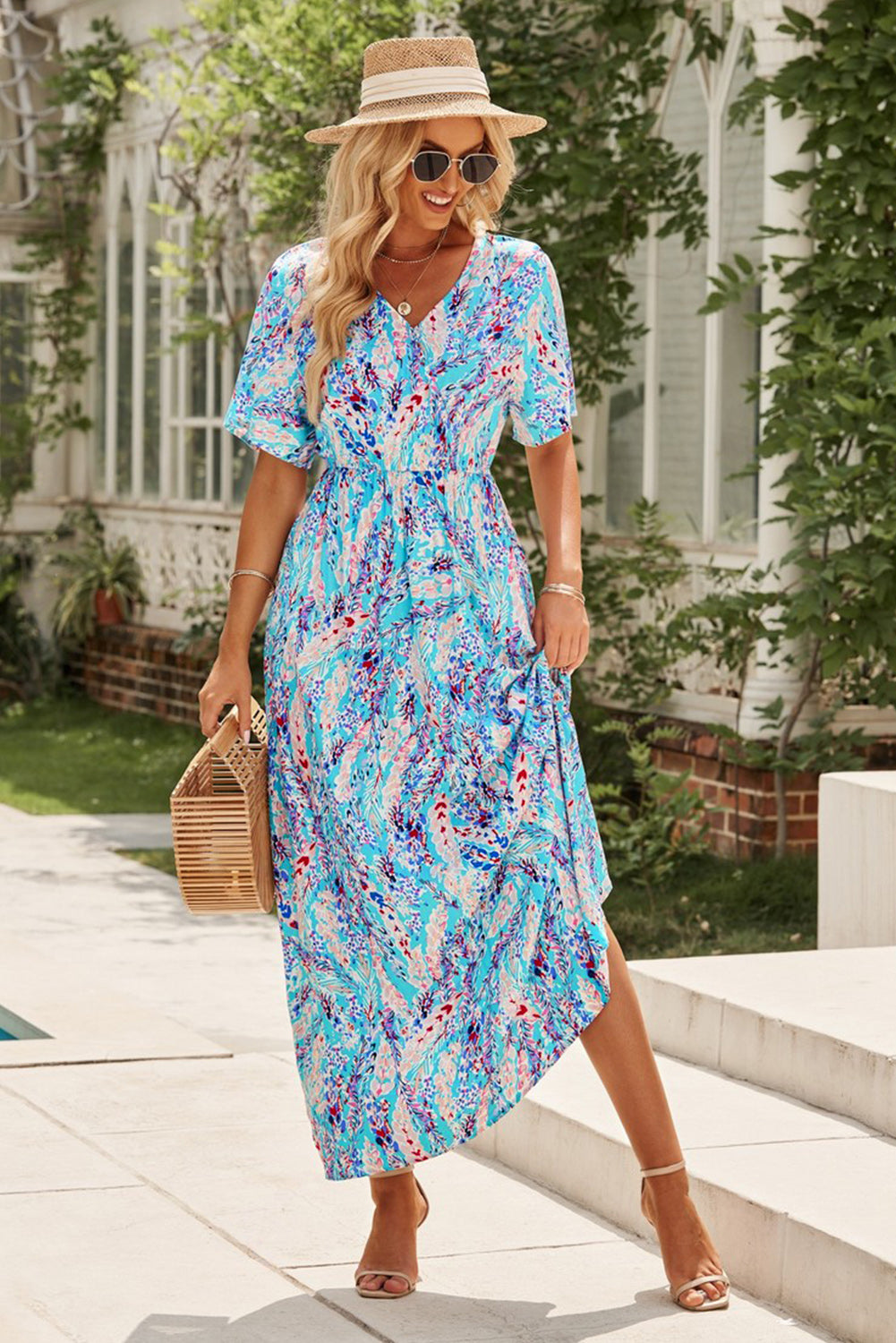 Wholesale Abstract Print Wrap V Neck Flutter Sleeve Mid Length Summer Dress