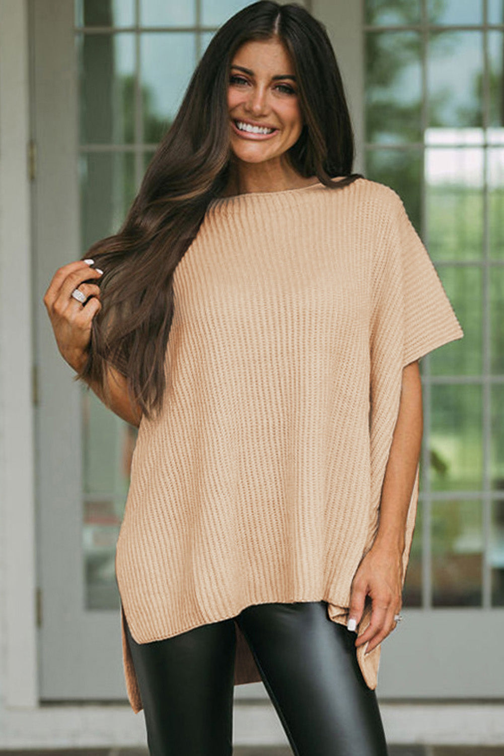 Side Slit Short Sleeve Knitted Oversized Top