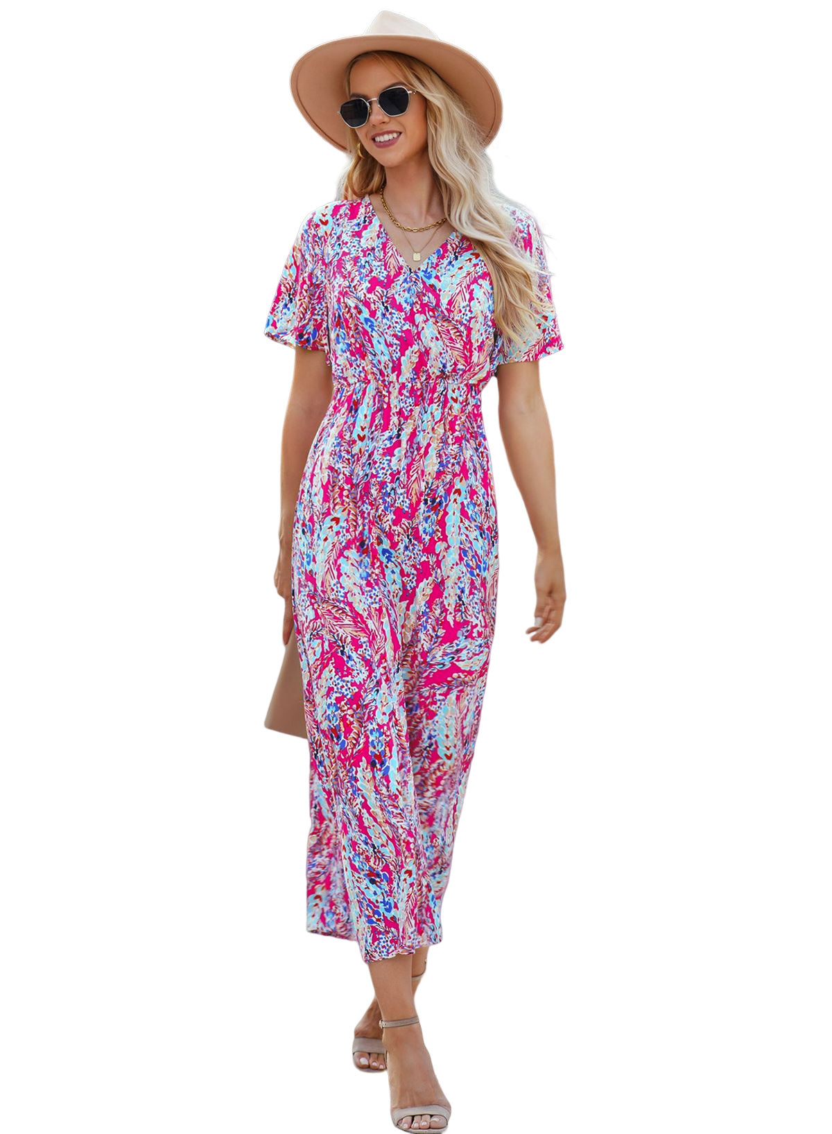 Wholesale Abstract Print Wrap V Neck Flutter Sleeve Mid Length Summer Dress