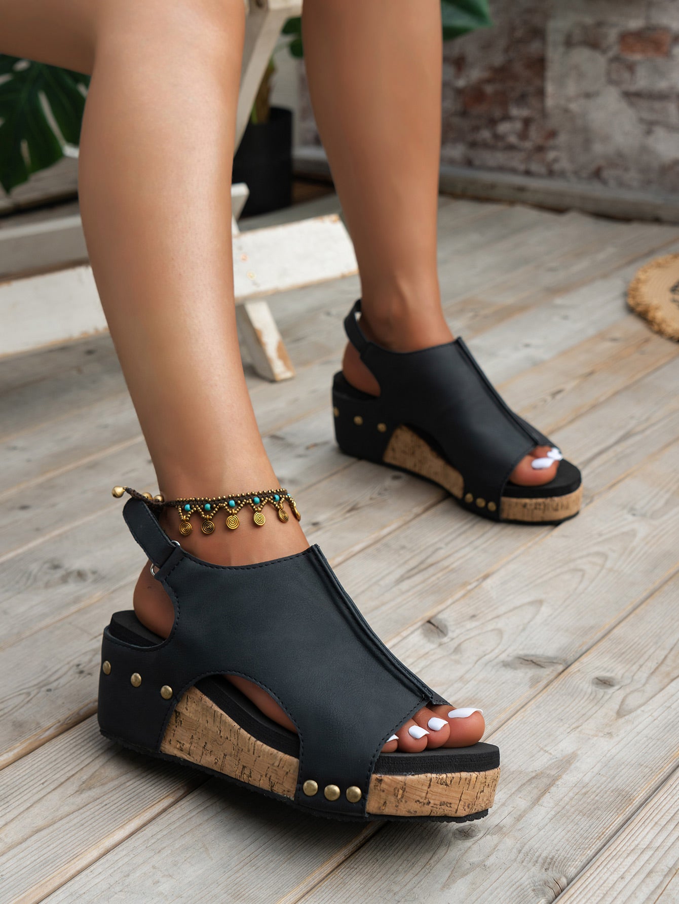 Leather Stitching Studded Wedge Sandals