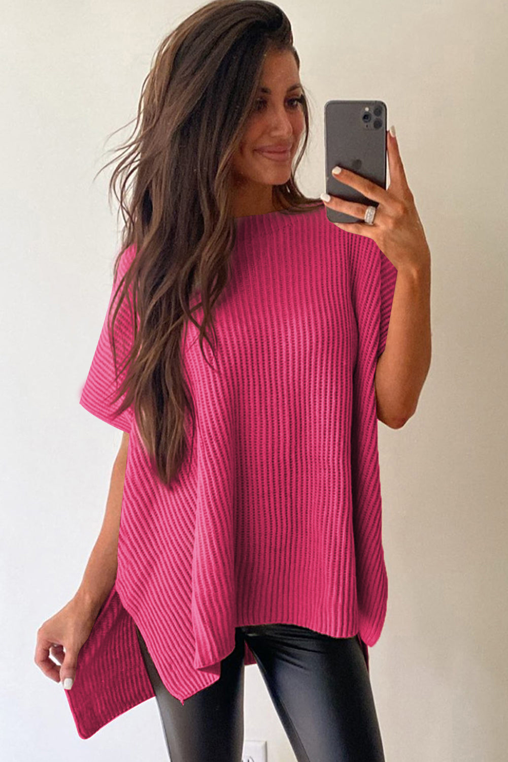 Side Slit Short Sleeve Knitted Oversized Top