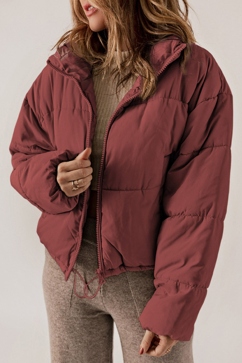 Apricot Zip Up Drawstring Hem Pocket Puffer Coat