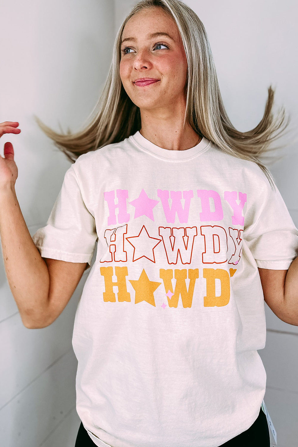 White Casual HOWDY Stars Graphic Crew Neck T Shirt