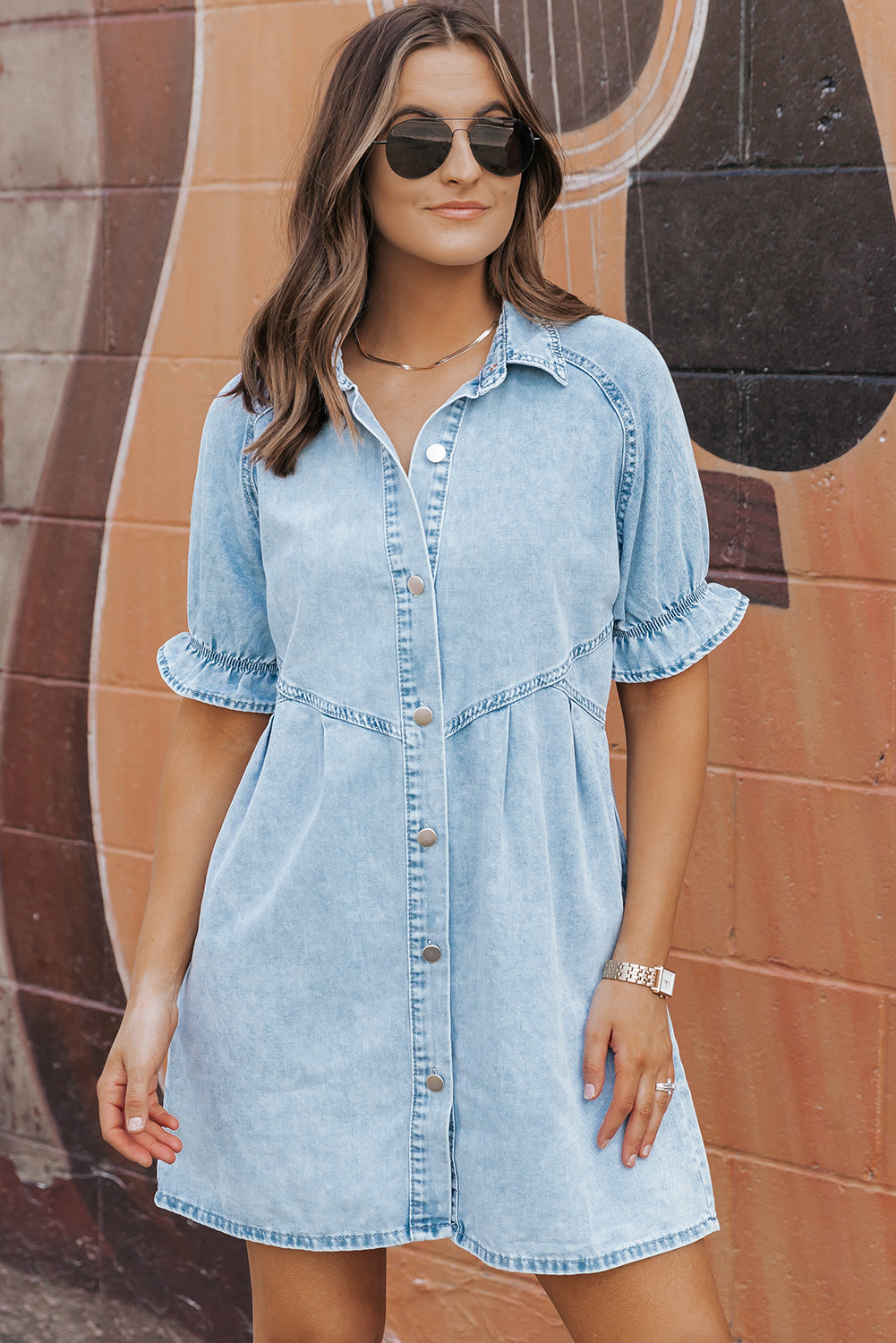 Ruffled Short Sleeve Buttoned Denim Dress