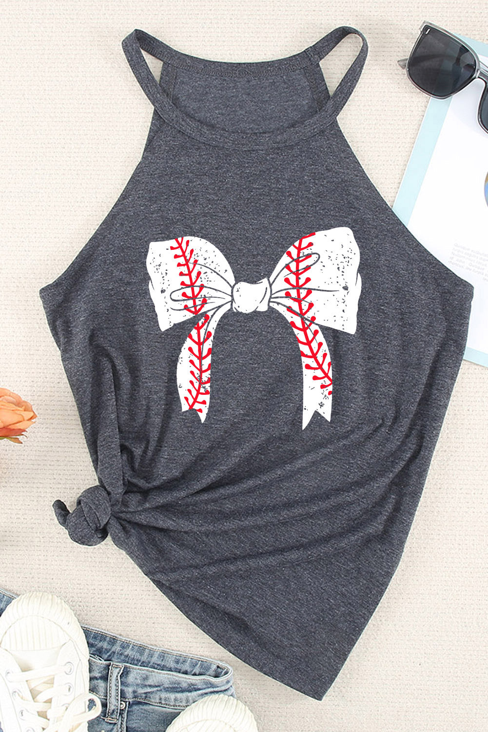 Gray Baseball Bow Knot Graphic Halter Tank Top