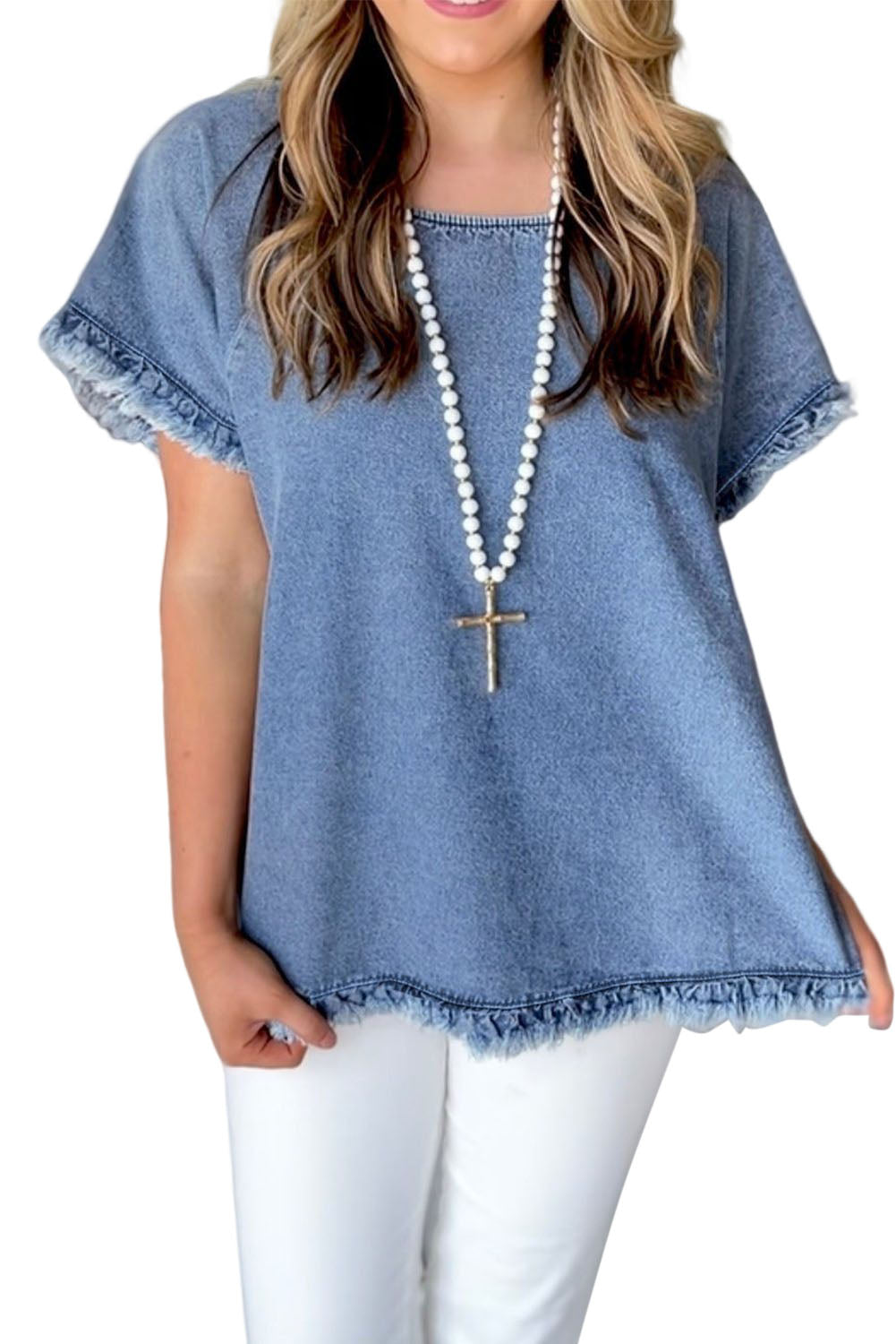 Raw Edge Short Sleeve Denim Top