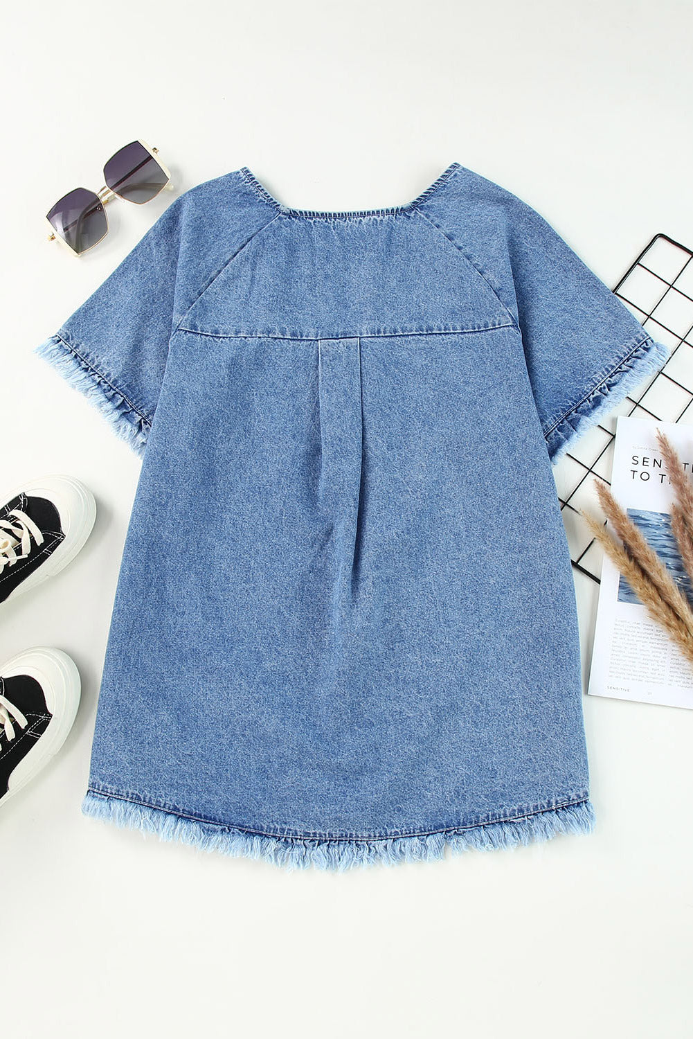 Raw Edge Short Sleeve Denim Top