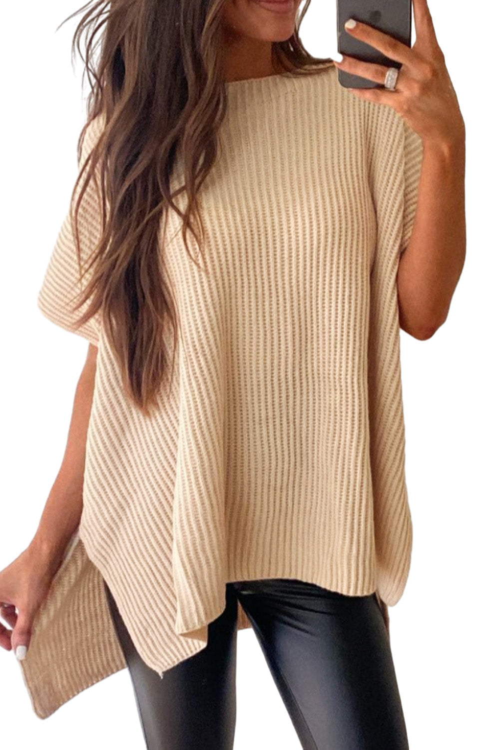 Side Slit Short Sleeve Knitted Oversized Top