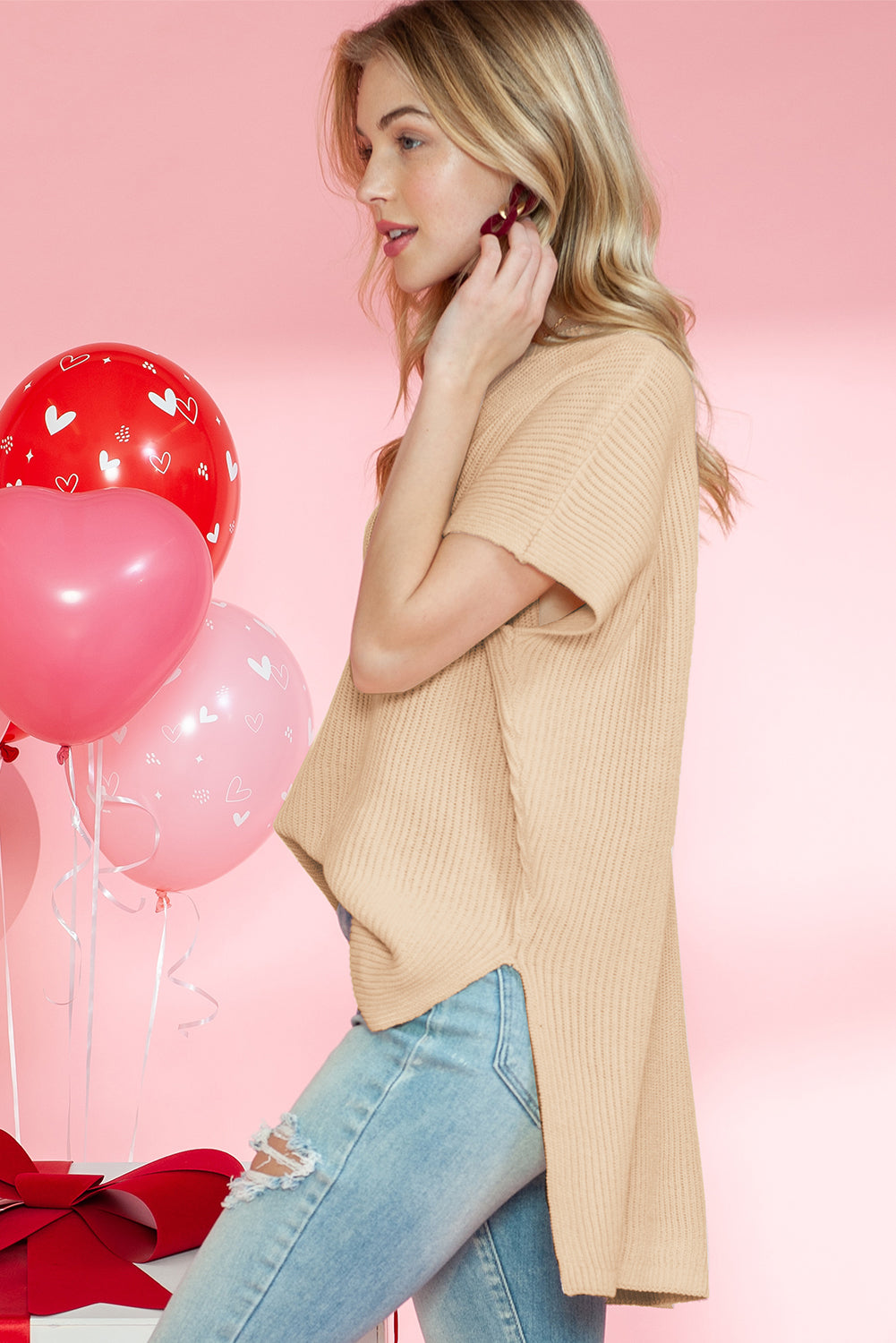 Side Slit Short Sleeve Knitted Oversized Top