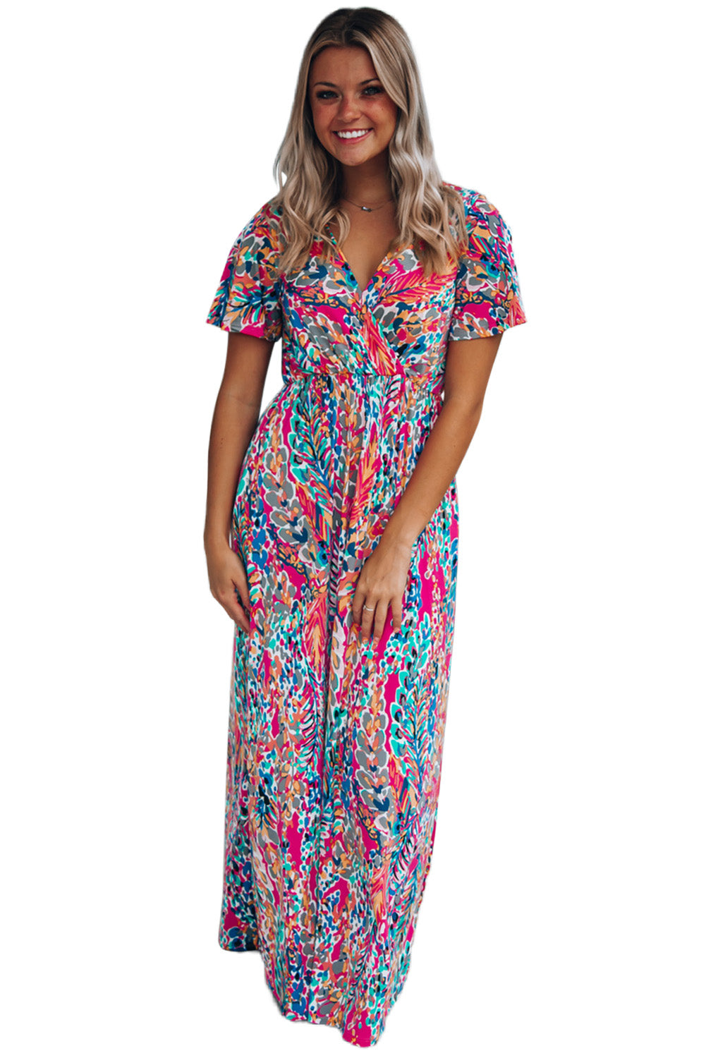Wholesale Abstract Print Wrap V Neck Flutter Sleeve Mid Length Summer Dress