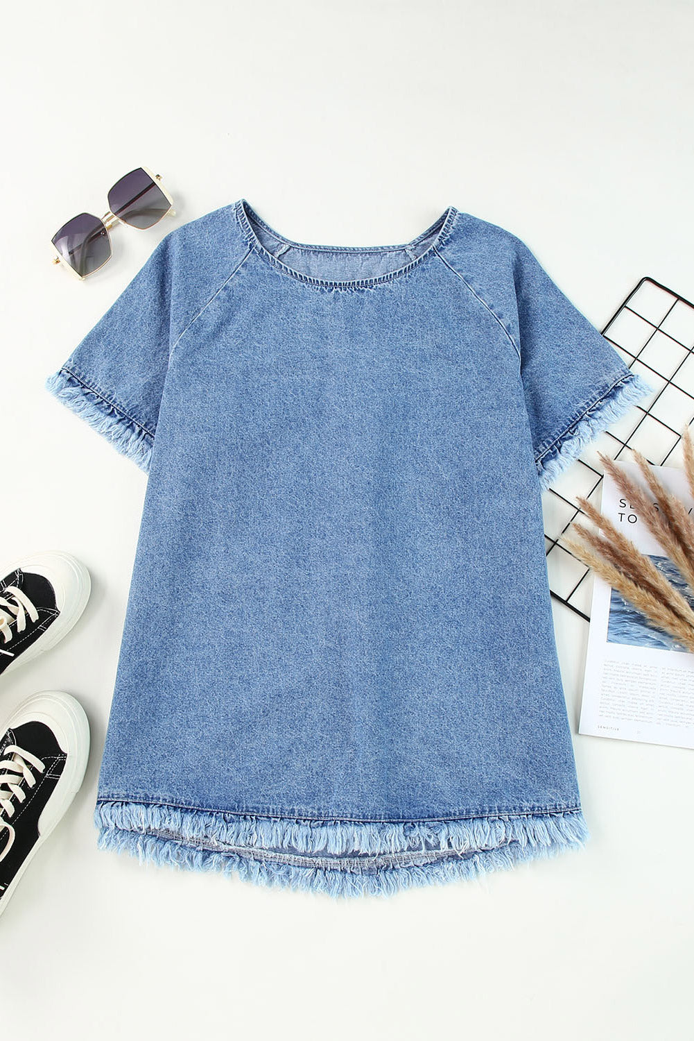 Raw Edge Short Sleeve Denim Top