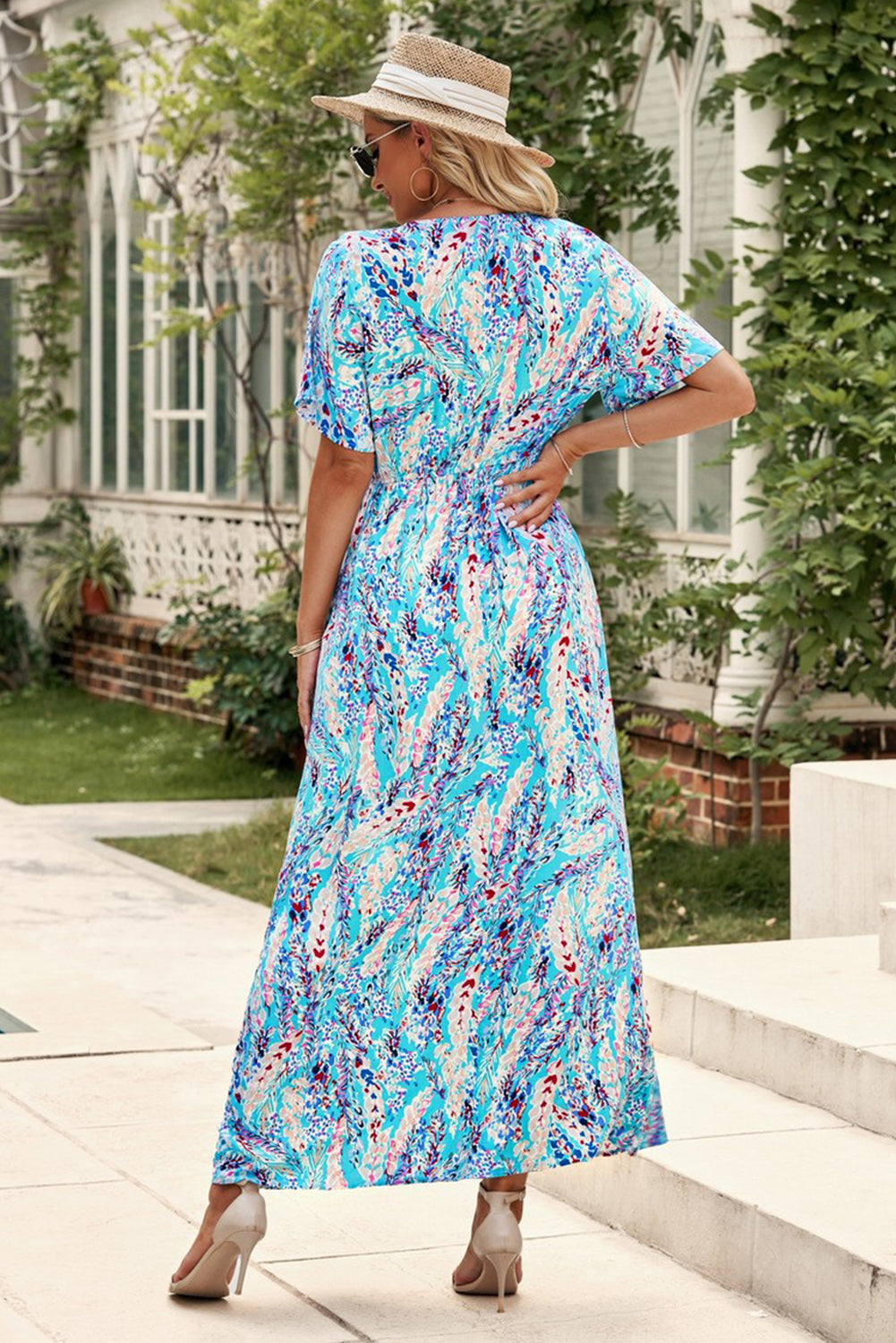 Wholesale Abstract Print Wrap V Neck Flutter Sleeve Mid Length Summer Dress