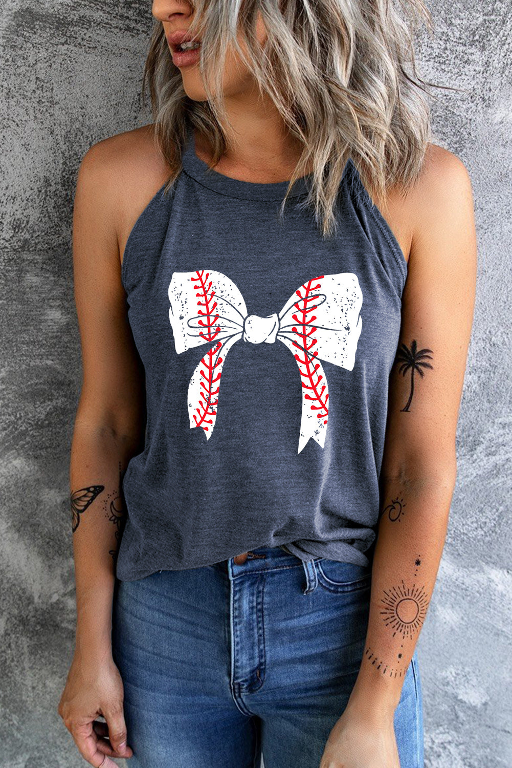 Gray Baseball Bow Knot Graphic Halter Tank Top