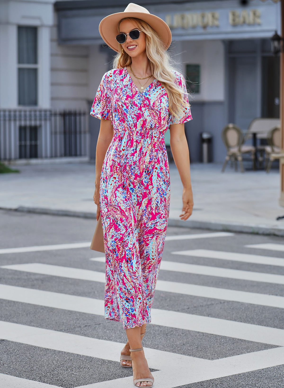 Wholesale Abstract Print Wrap V Neck Flutter Sleeve Mid Length Summer Dress