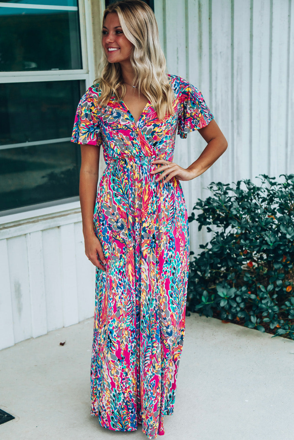 Wholesale Abstract Print Wrap V Neck Flutter Sleeve Mid Length Summer Dress