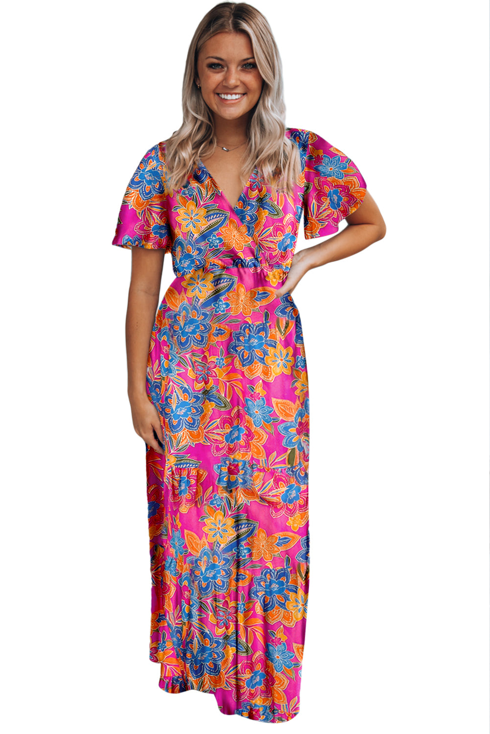 Wholesale Abstract Print Wrap V Neck Flutter Sleeve Mid Length Summer Dress