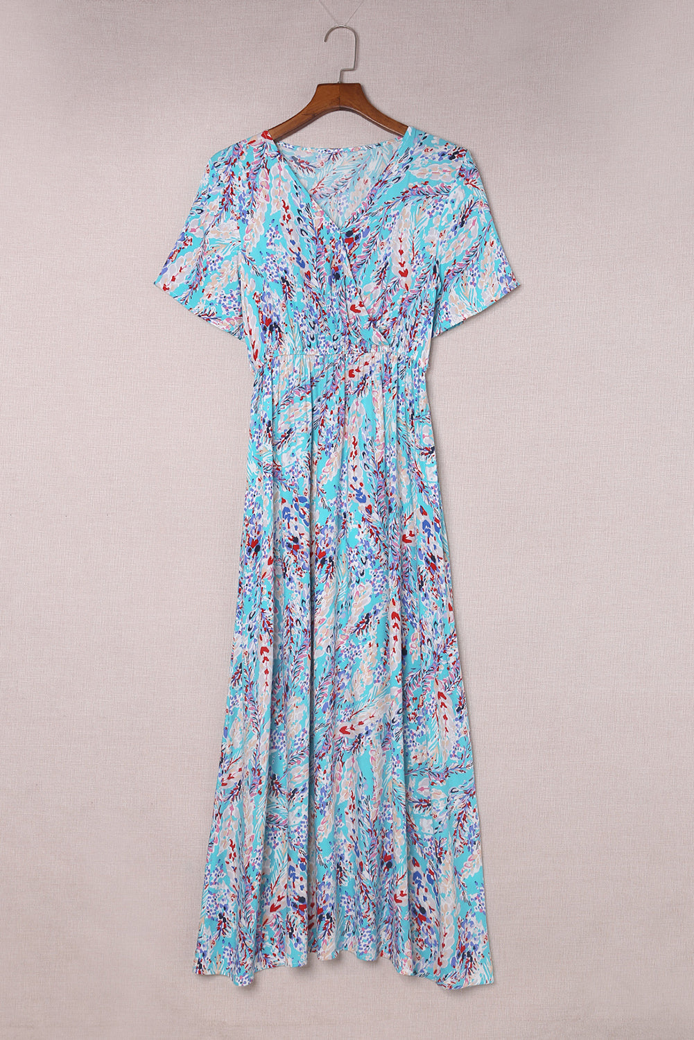 Wholesale Abstract Print Wrap V Neck Flutter Sleeve Mid Length Summer Dress