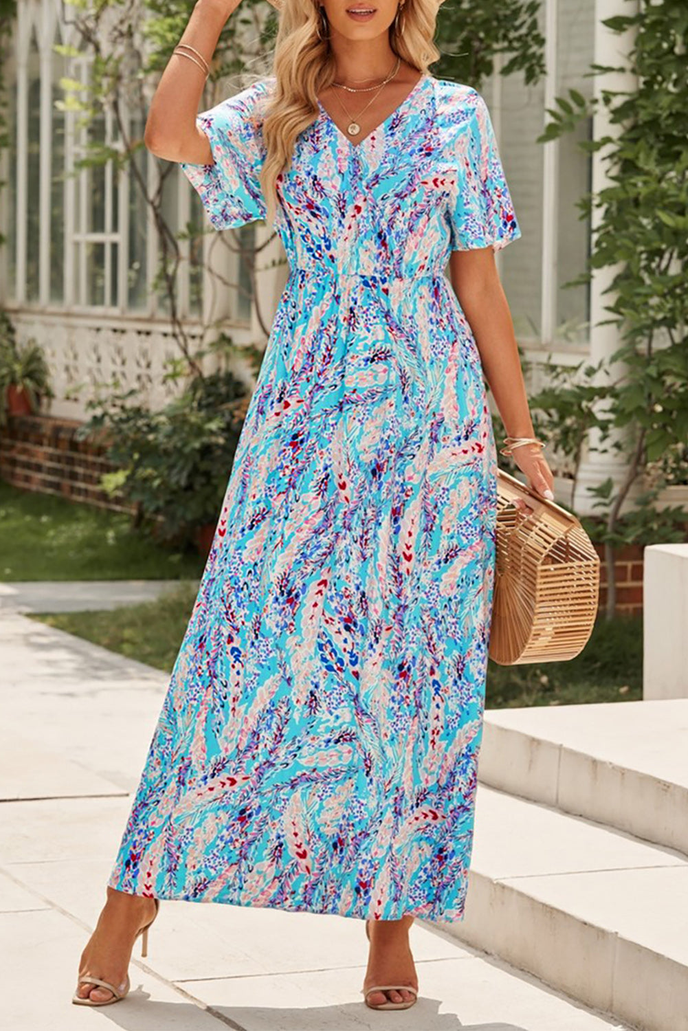 Wholesale Abstract Print Wrap V Neck Flutter Sleeve Mid Length Summer Dress