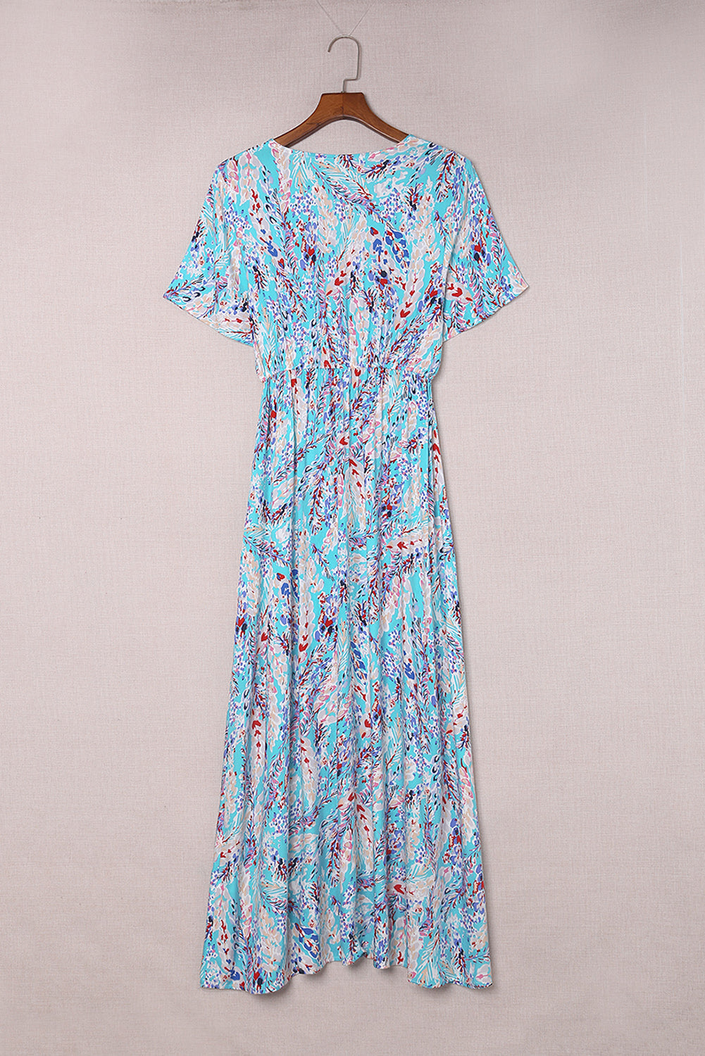 Wholesale Abstract Print Wrap V Neck Flutter Sleeve Mid Length Summer Dress