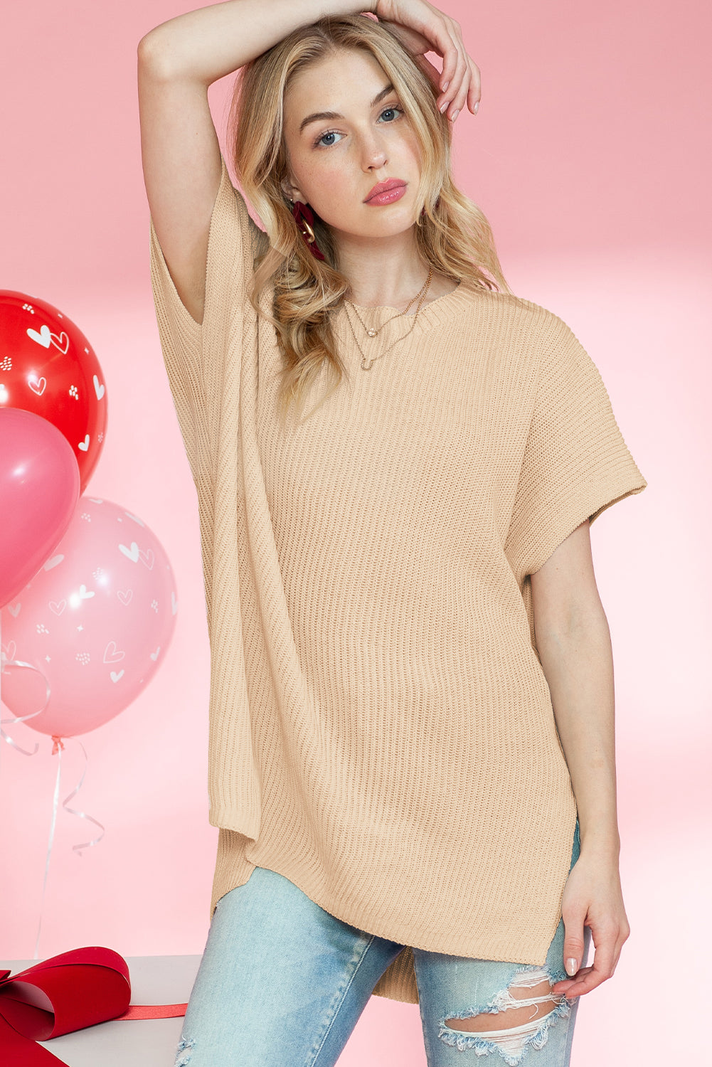 Side Slit Short Sleeve Knitted Oversized Top