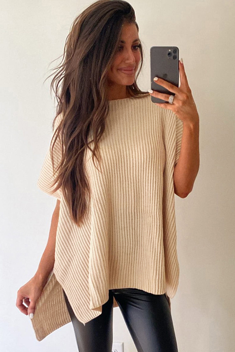 Side Slit Short Sleeve Knitted Oversized Top