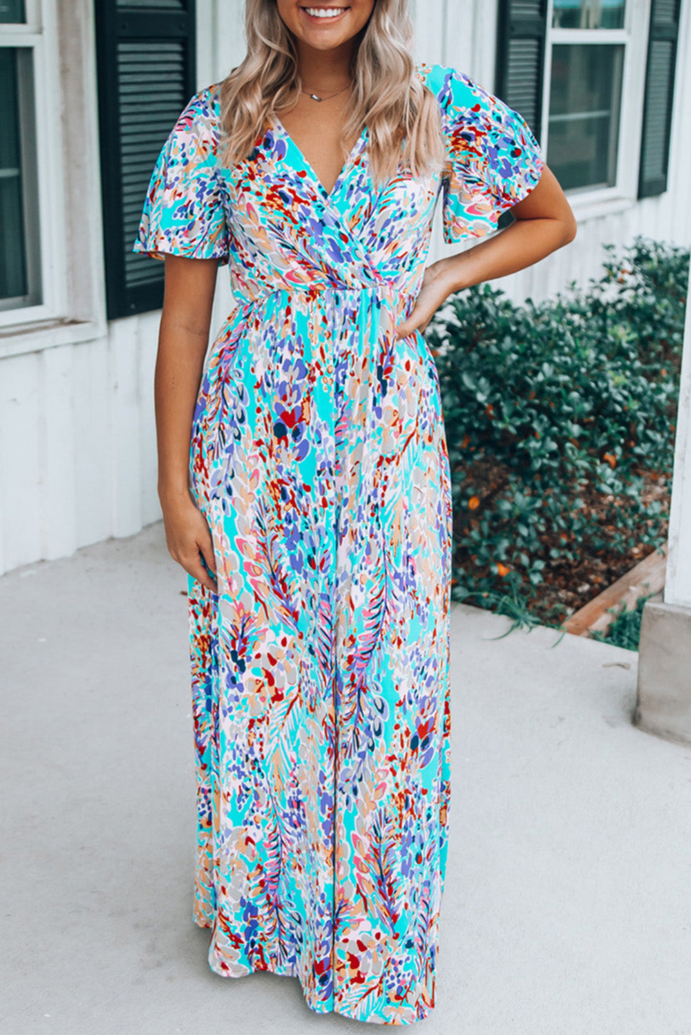 Wholesale Abstract Print Wrap V Neck Flutter Sleeve Mid Length Summer Dress