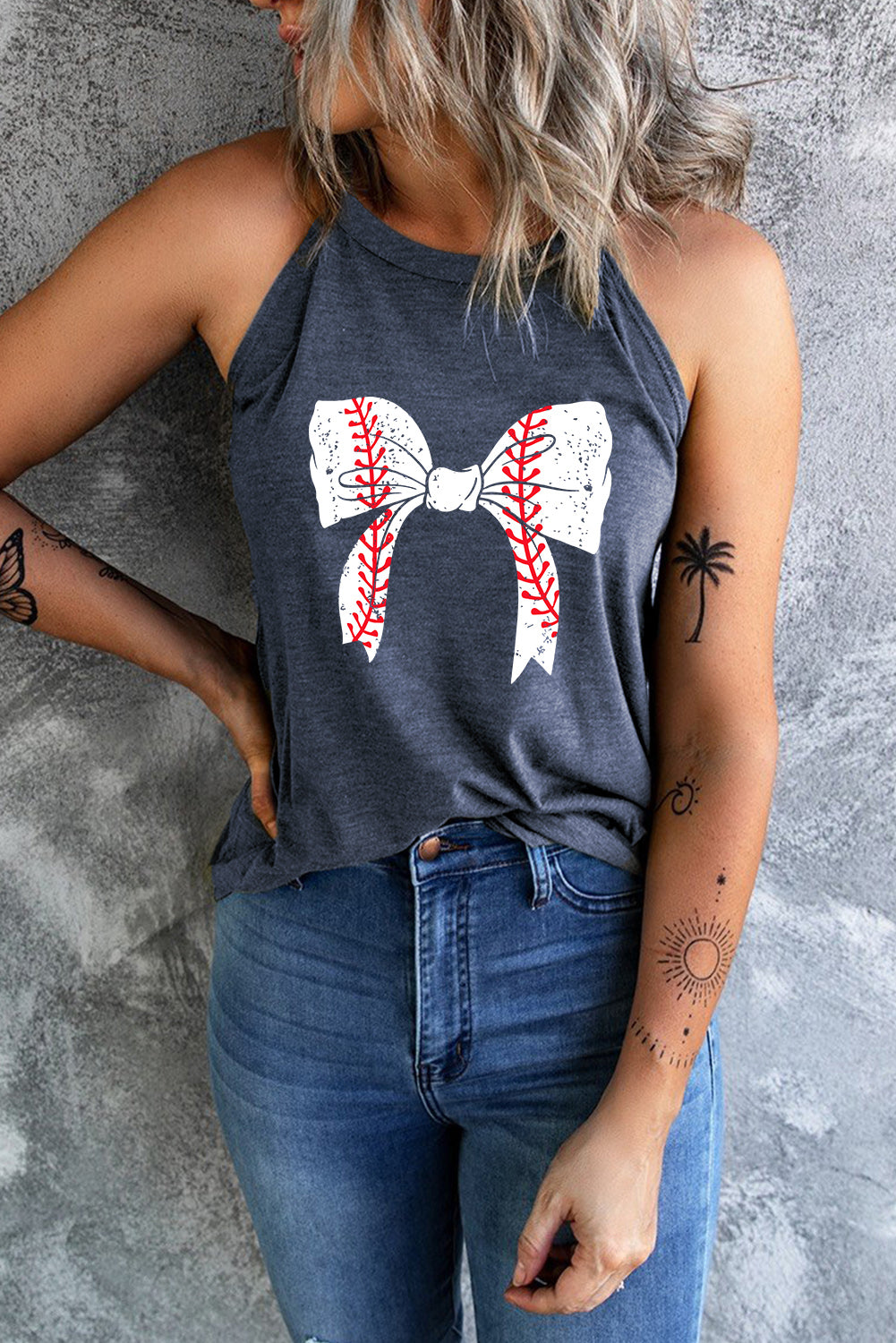 Gray Baseball Bow Knot Graphic Halter Tank Top