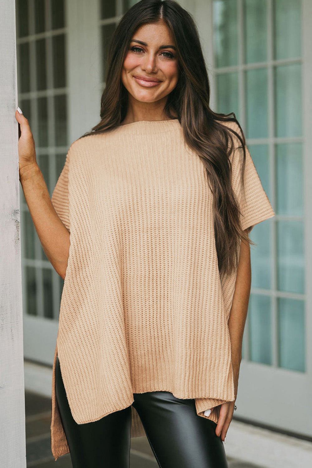 Side Slit Short Sleeve Knitted Oversized Top