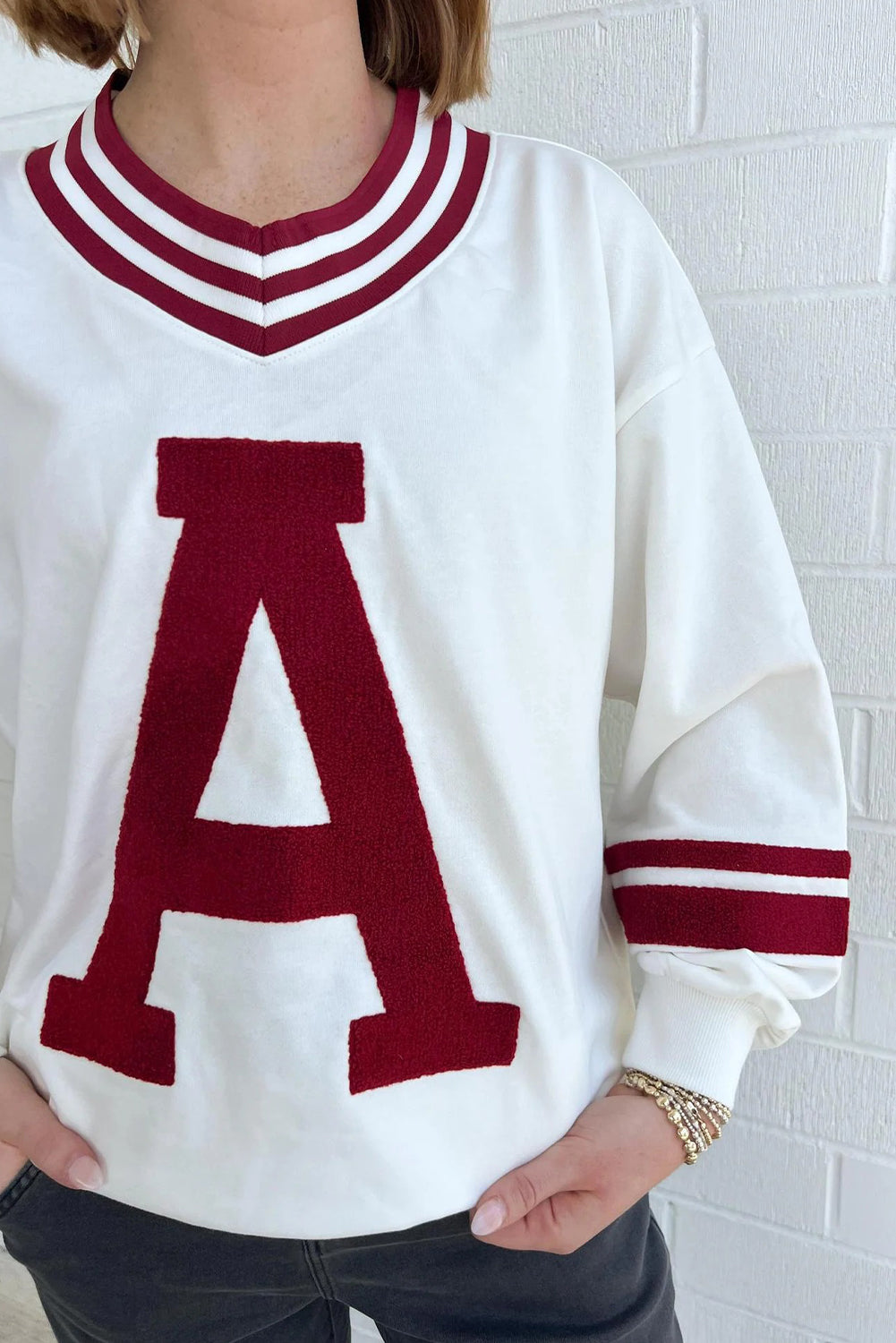 Red Dahlia Chenille Letter A Varsity Striped V Neck Sweatshirt