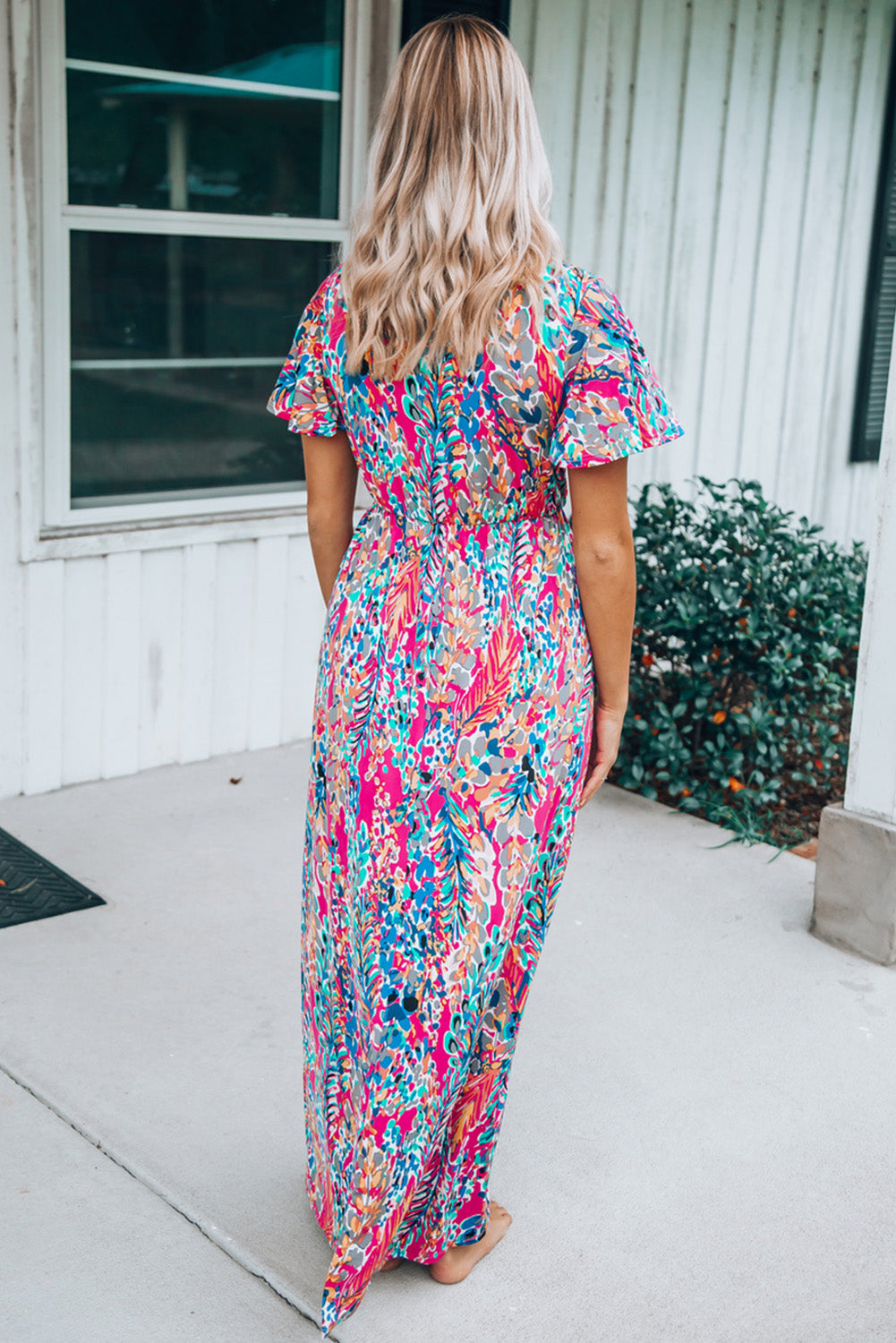 Wholesale Abstract Print Wrap V Neck Flutter Sleeve Mid Length Summer Dress