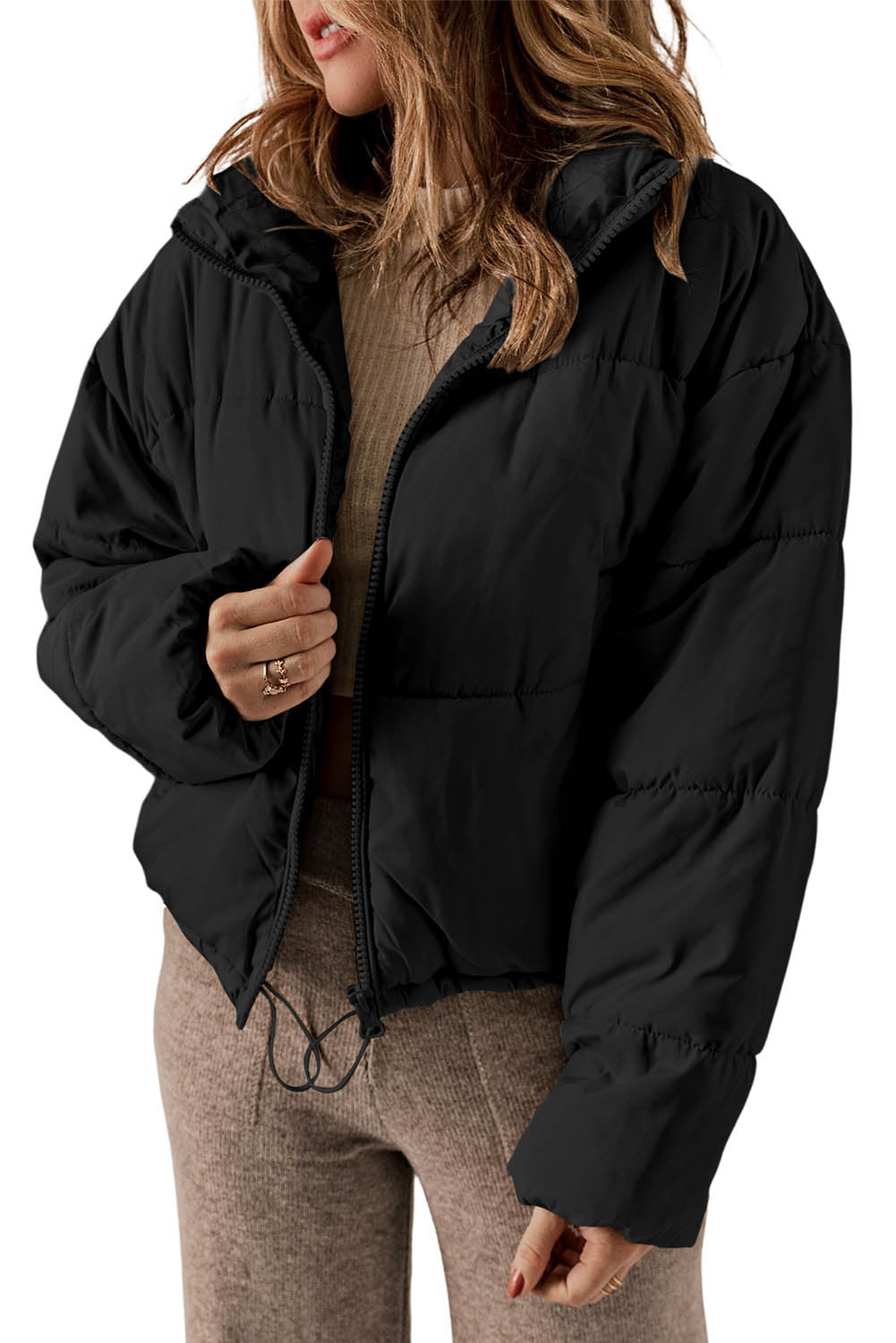 Apricot Zip Up Drawstring Hem Pocket Puffer Coat